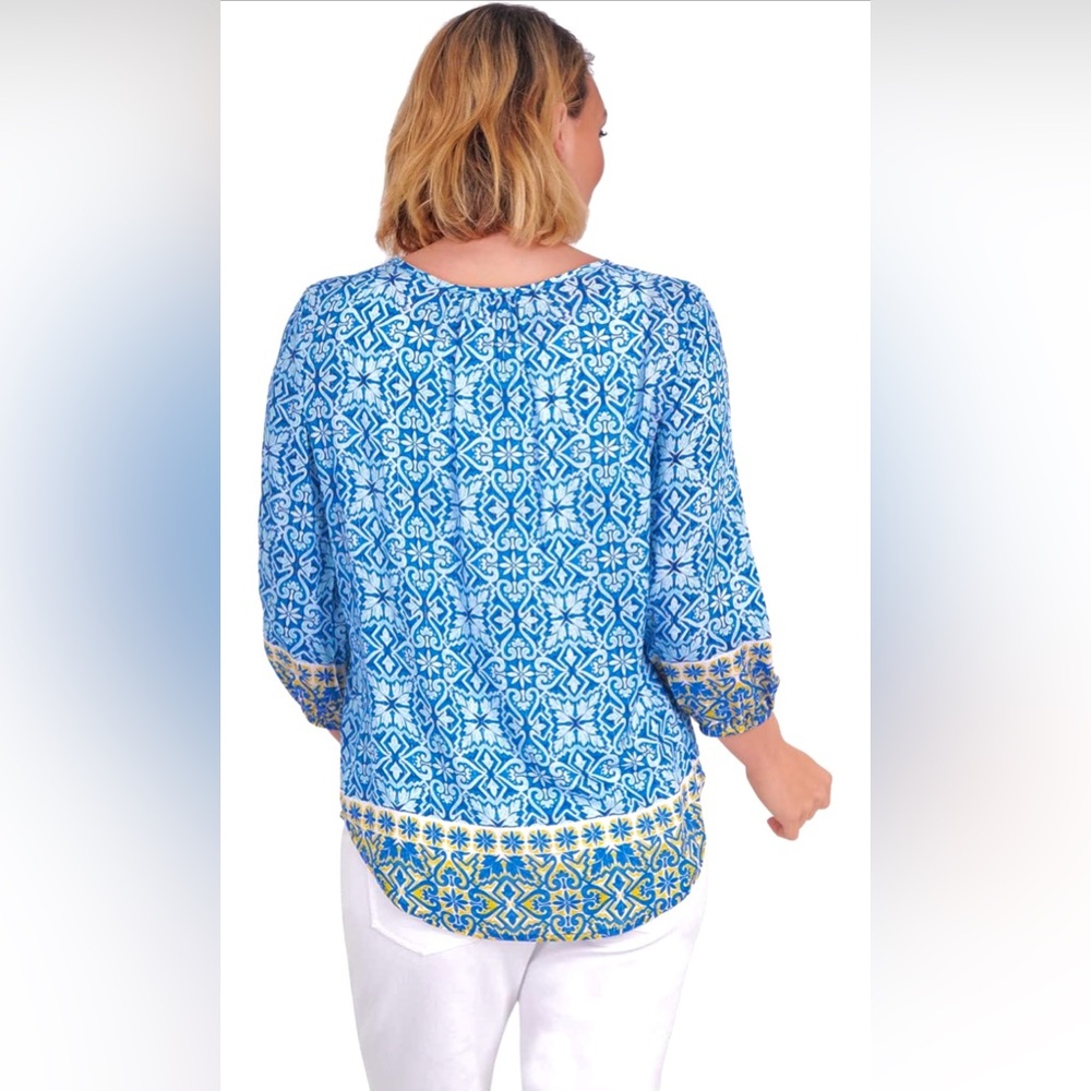 Ruby Rd Women’s Blue Yellow Metallic Blouse with Tassels Size Large - Picture 3 of 11